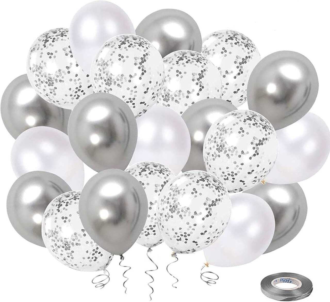 White Silver Confetti Latex Balloons, 50 Pack 12inch Silver Metallic Chrome Party Balloon Set with Silver Ribbon for Wedding Birthday Baby Shower Decorations